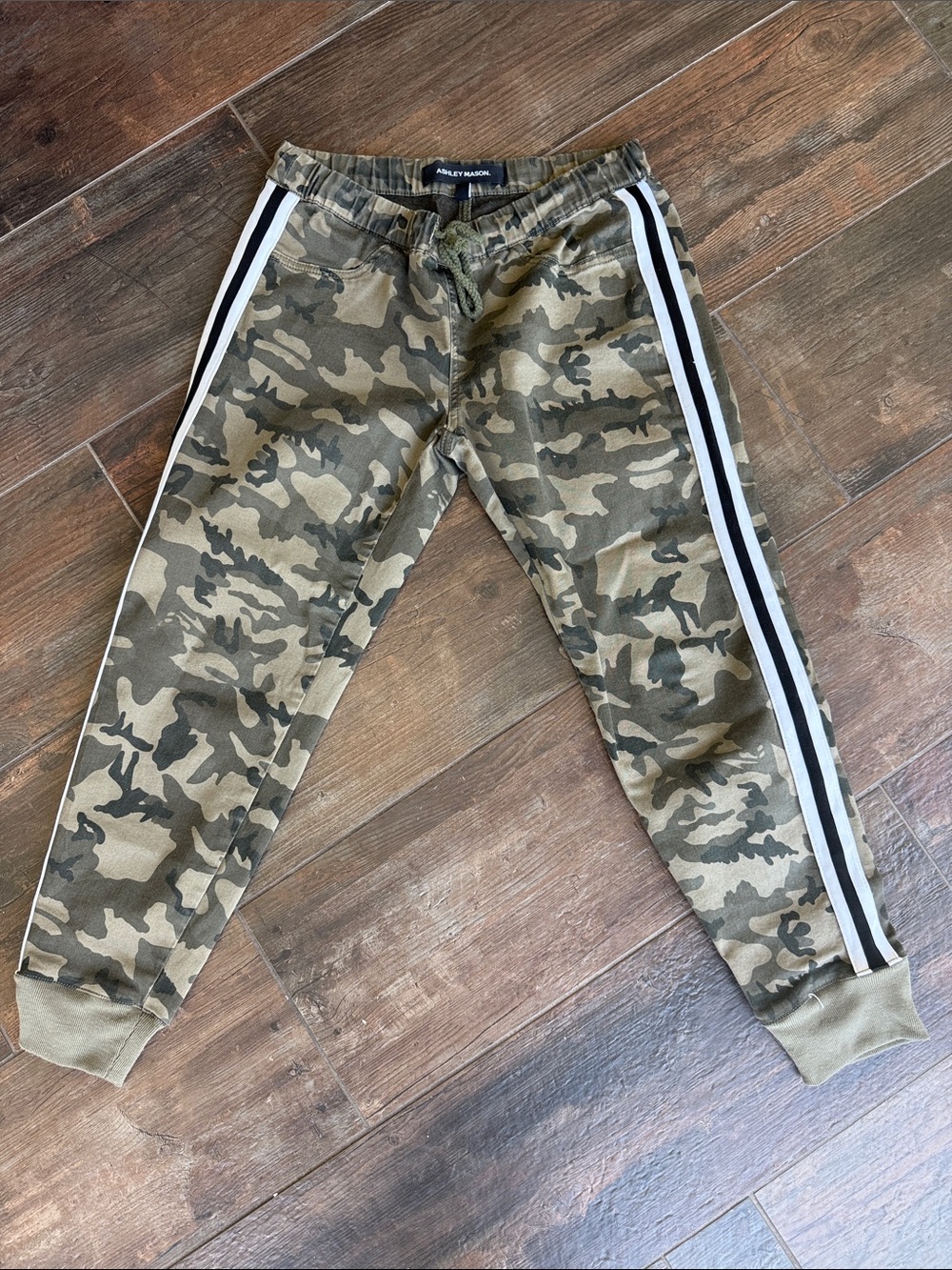 Ashley Mason Olive Camo Joggers with Black and White Side Stripes